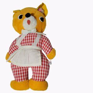 Vintage Yoski Pet Fox 10 inch Plush Red Gingham Apron Stuffed Animal Toy